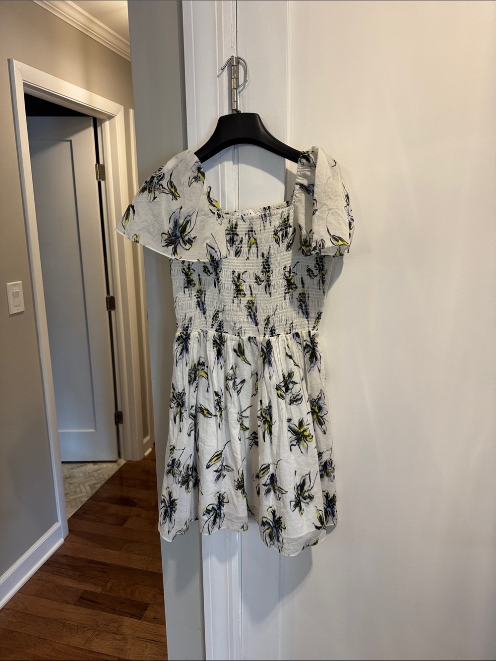 Tanya Taylor White Floral Smocked Dress with Yellow & Black Accents